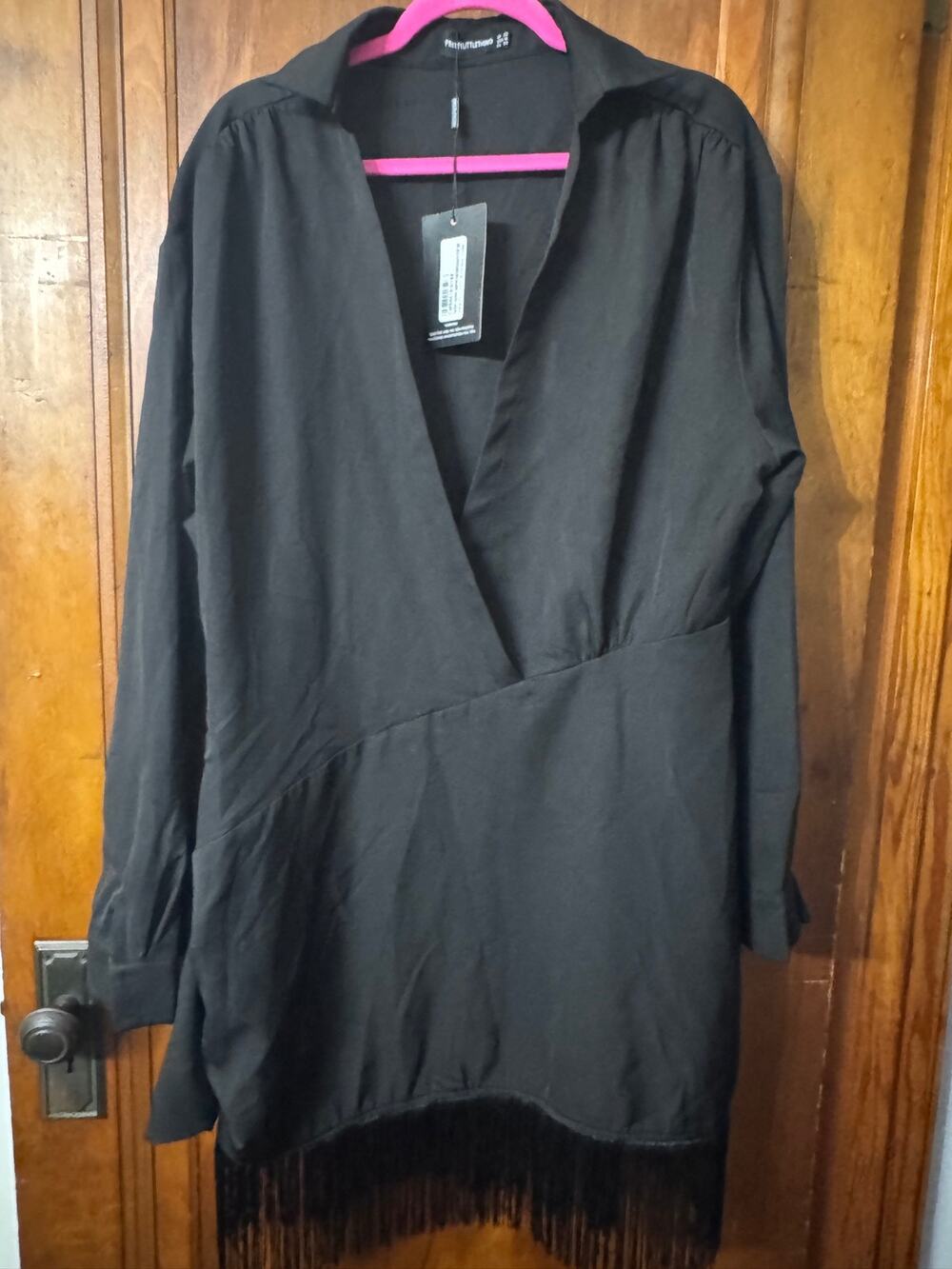 NWT PrettyLittleThing Plus Black Fringe Hem Drape Detail Dress